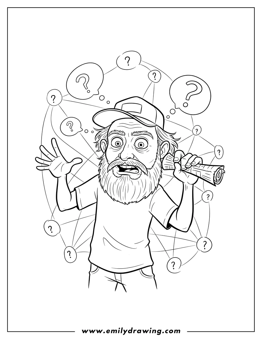 Clean line drawing: pepe Silvia Charlie Day Meme Scaled, bearded man gesturing wildly, holding an item to his ear