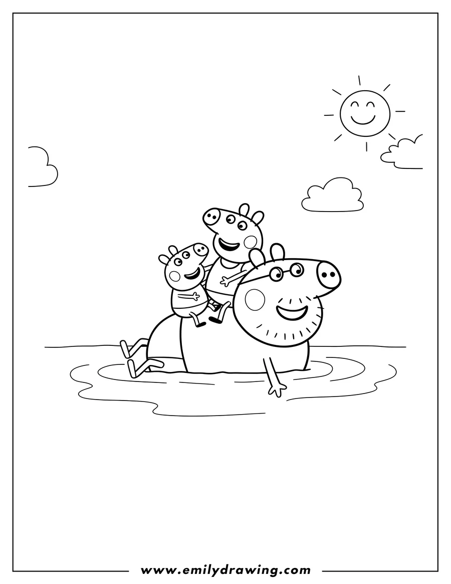 Doodle style coloring picture of peppa and George riding on Daddy Pig's back as he floats on his back in the water