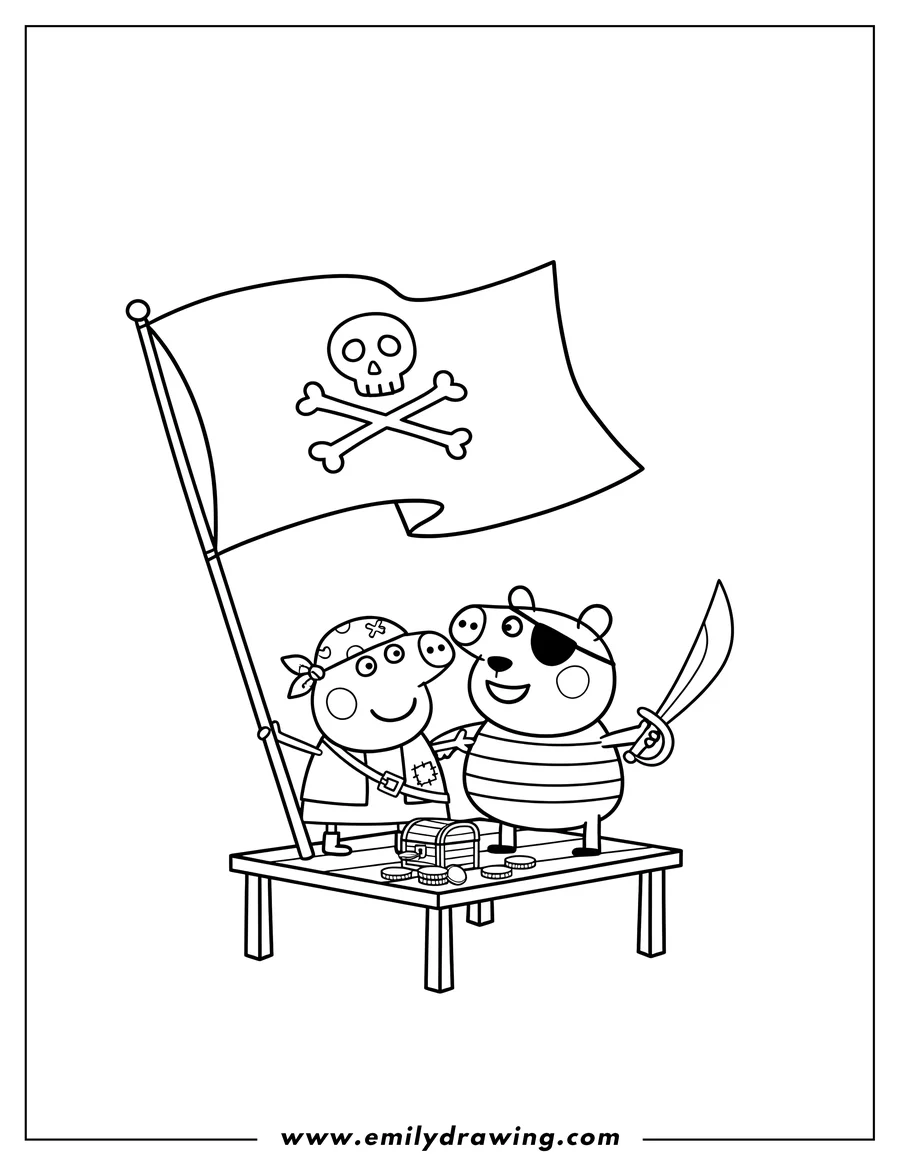 Coloring page of peppa Pig and Policeman Panda playing pirates on a table, holding a pirate flag