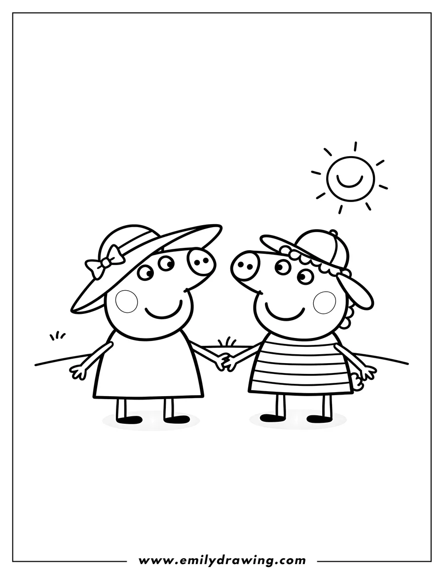Linear illustration of peppa Pig and Suzy Sheep wearing hats, holding hands, and smiling