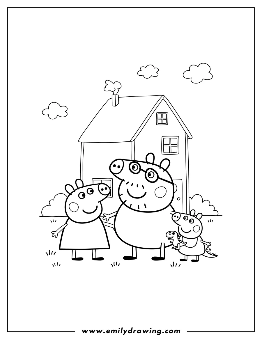 Coloring page of peppa, Mummy, Daddy (wearing glasses), and George Pig standing together in front of their house