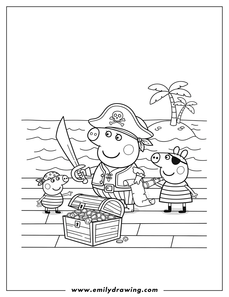 Simple sketch of peppa Pig, George, and Pedro Pony dressed as a pirate playing games to color