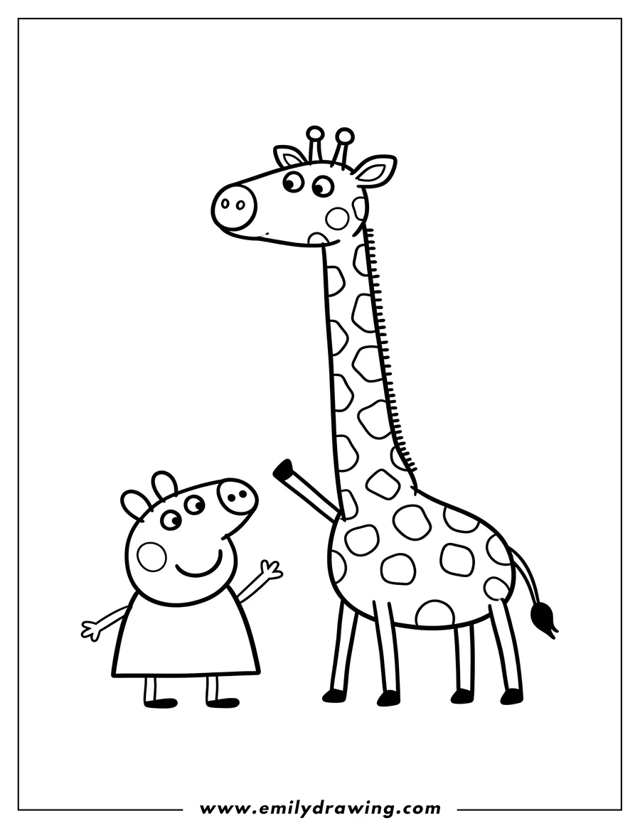 Free to print drawing of peppa Pig And Gerald Giraffe Scaled, smiling and waving at each other