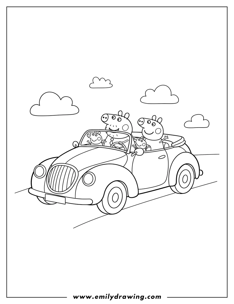 Full page coloring image of peppa Pig family driving a convertible car, with Daddy Pig at the wheel