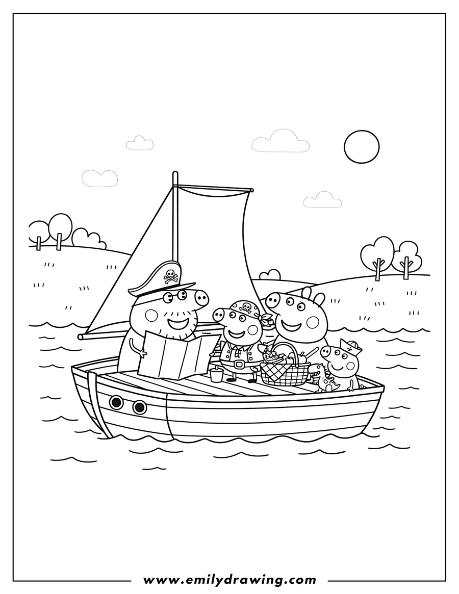 Coloring sheet featuring peppa Pig Family on a river boat having a picnic, with Peppa dressed as a pirate and Daddy Pig reading a map
