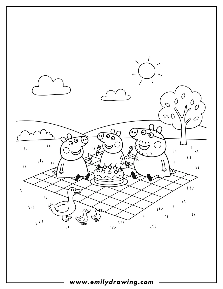 Clean line drawing: peppa Pig family having a picnic on a blanket, eating cake with ducks nearby