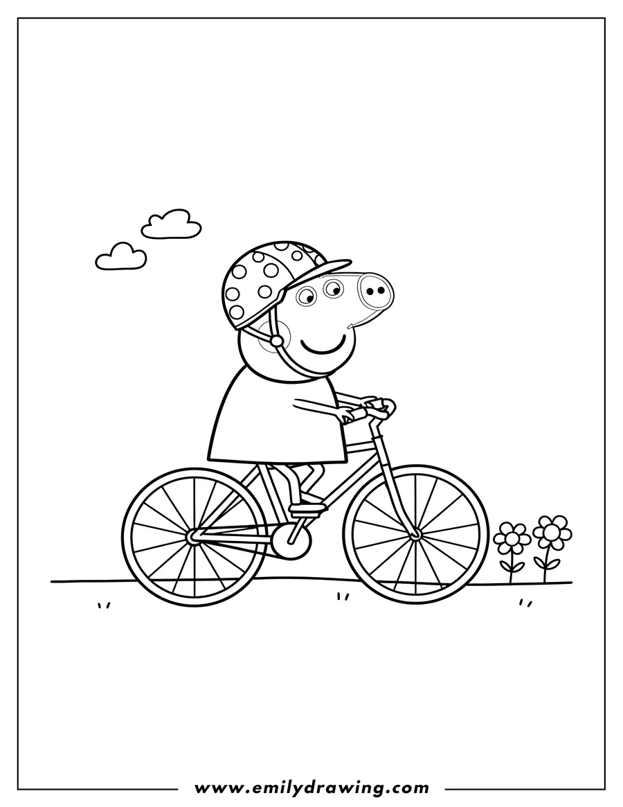 Linear illustration of peppa Pig riding a bicycle, wearing a helmet