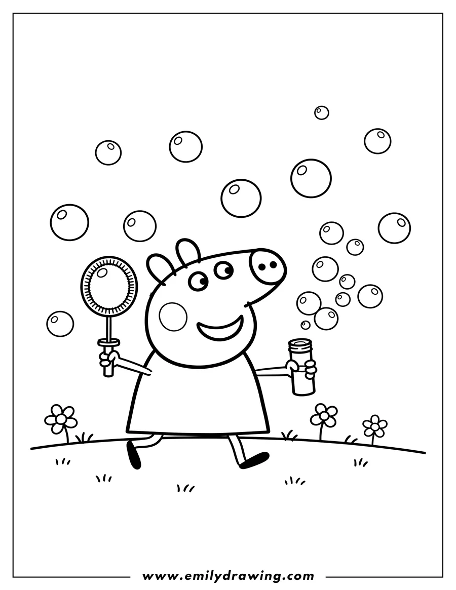 Linear illustration of peppa Pig happily running and playing with bubbles, holding a bubble wand and solution bottle