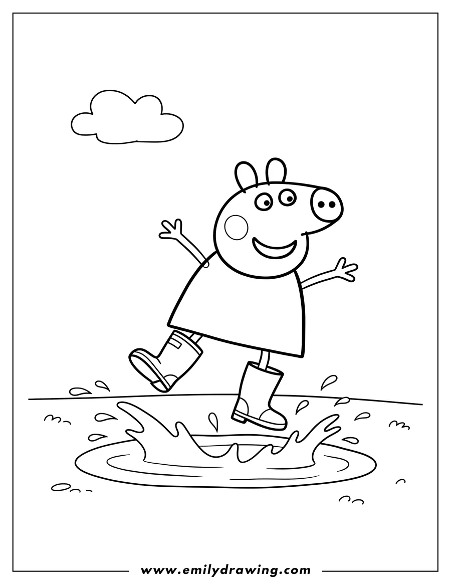 Doodle style coloring picture of peppa Pig smiling, wearing boots, and splashing in a puddle
