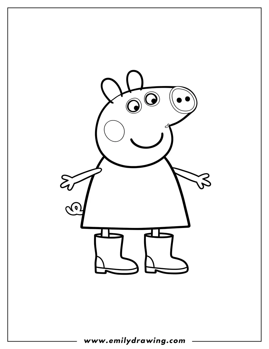 Outline drawing of peppa Pig standing and wearing boots