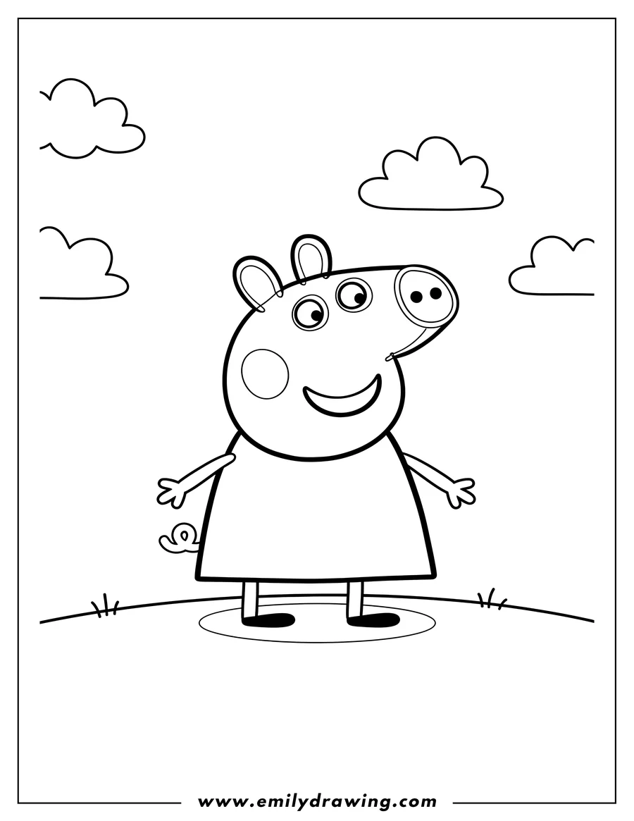 Coloring sheet featuring peppa Pig Tv, standing and smiling