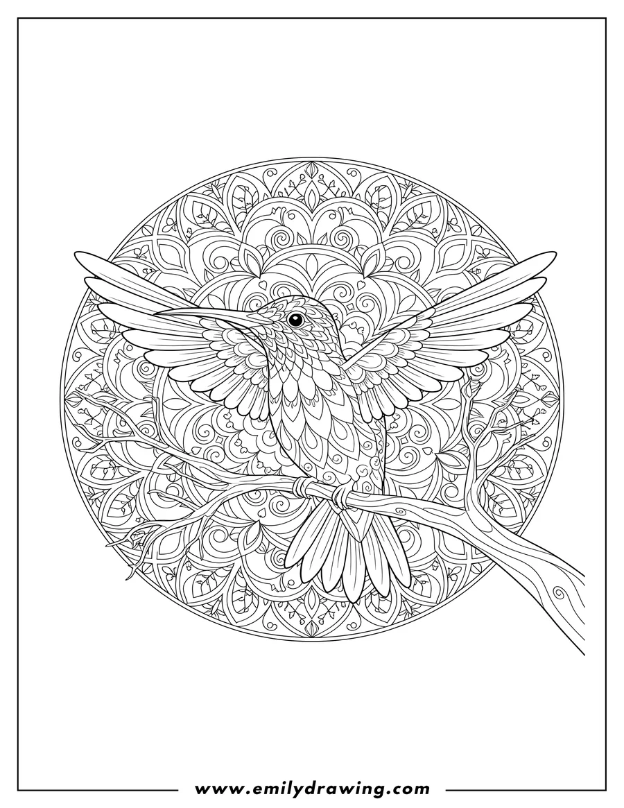 Free printable coloring sheet of hummingbird with open wings perched on a branch, in front of a mandala