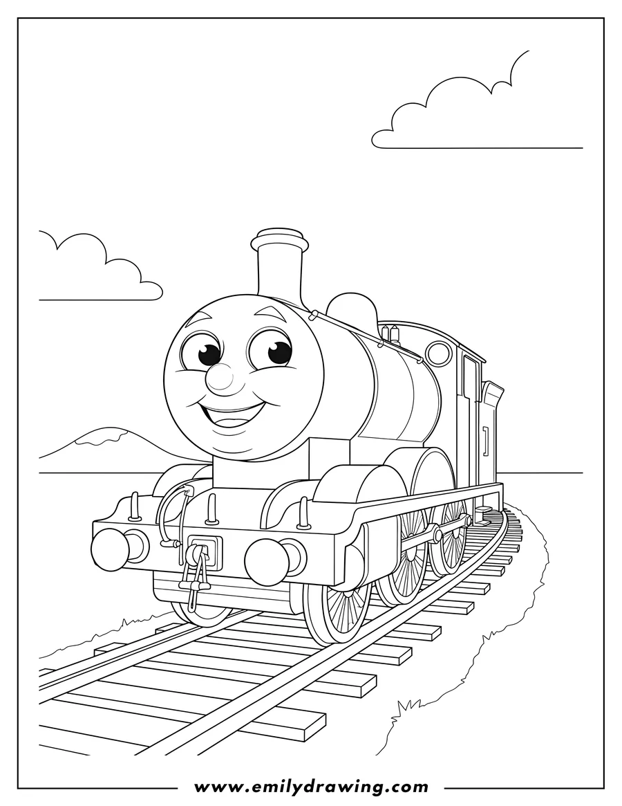 Linear illustration of percy the train, smiling and looking up on a track