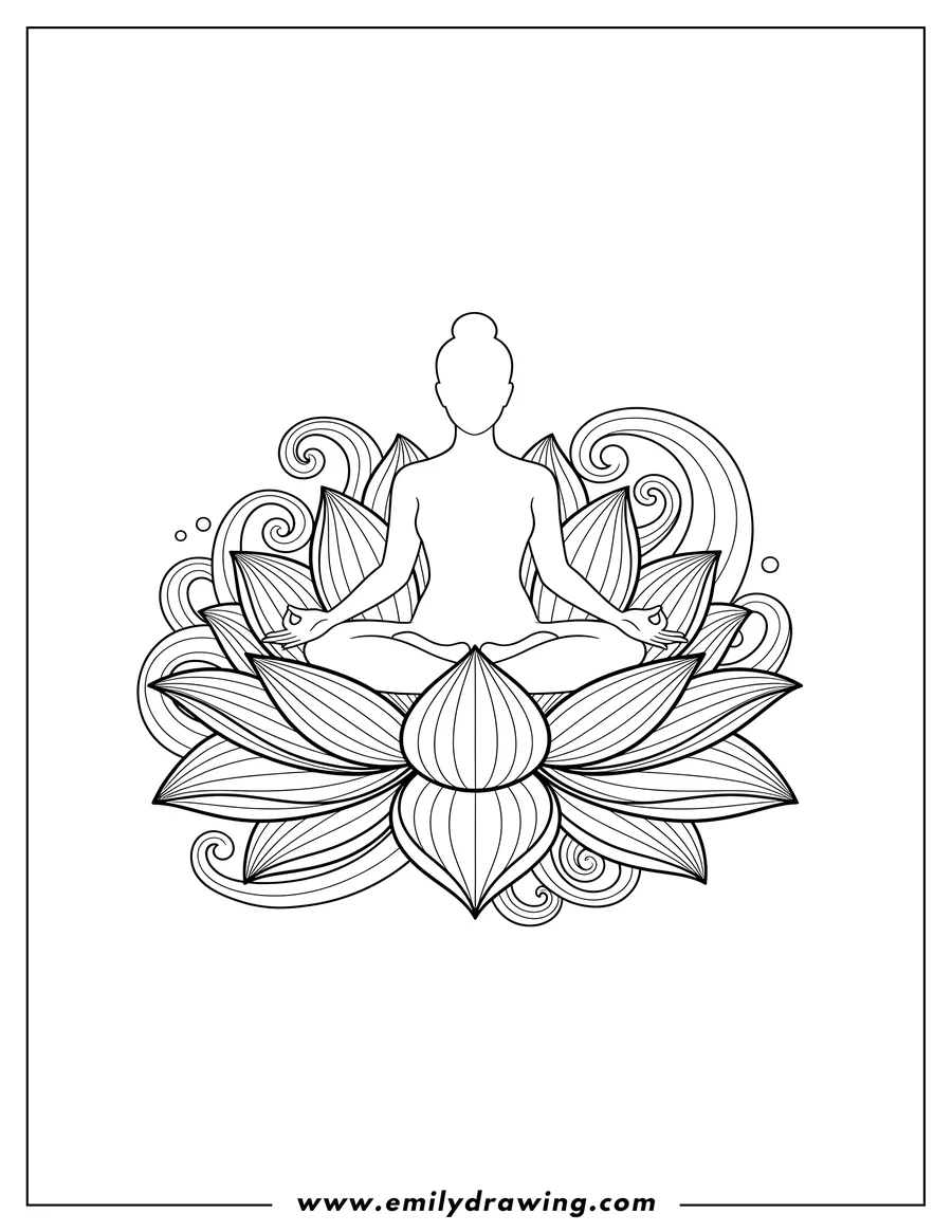 Coloring sheet featuring person in Lotus Pose silhouette on a large Lotus Flower