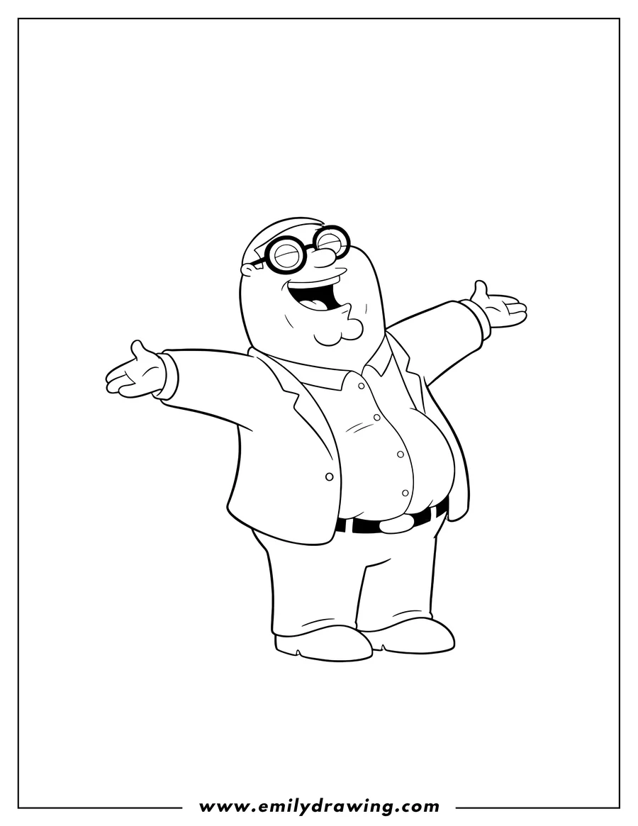 Coloring page for kids: family Guy Peter Griffin wearing glasses, laughing with his mouth wide open