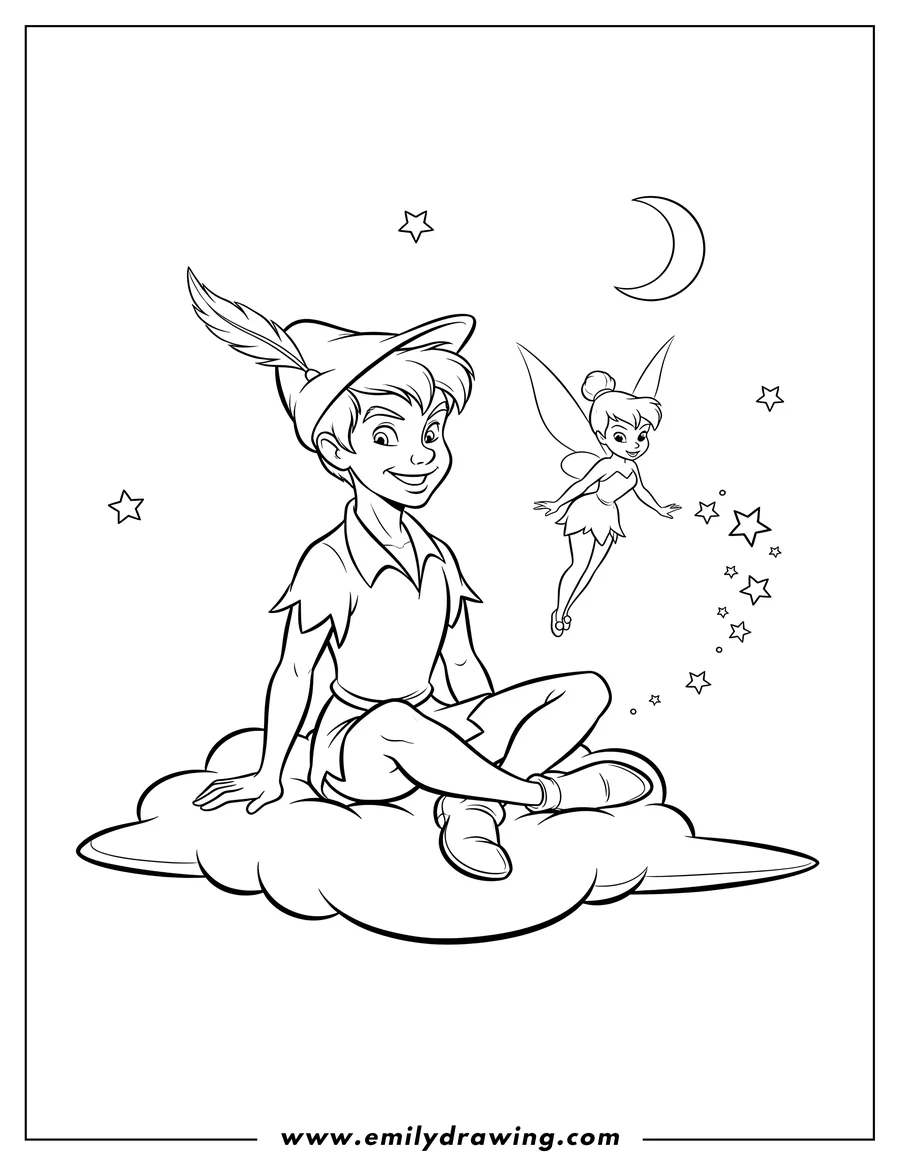 Outline drawing of peter Pan sitting with Tinker Bell flying