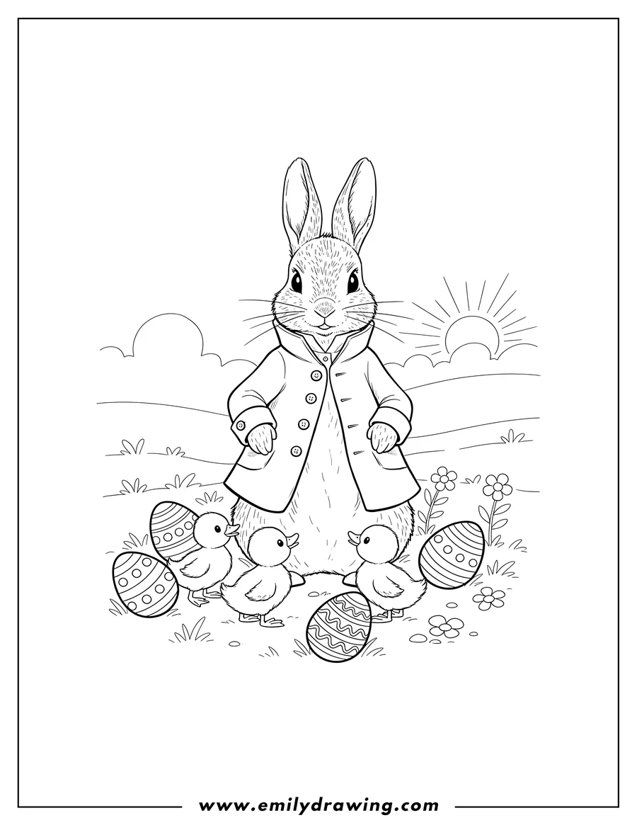 Downloadable coloring page of peter Rabbit in a coat, standing with baby ducklings and decorated Easter eggs