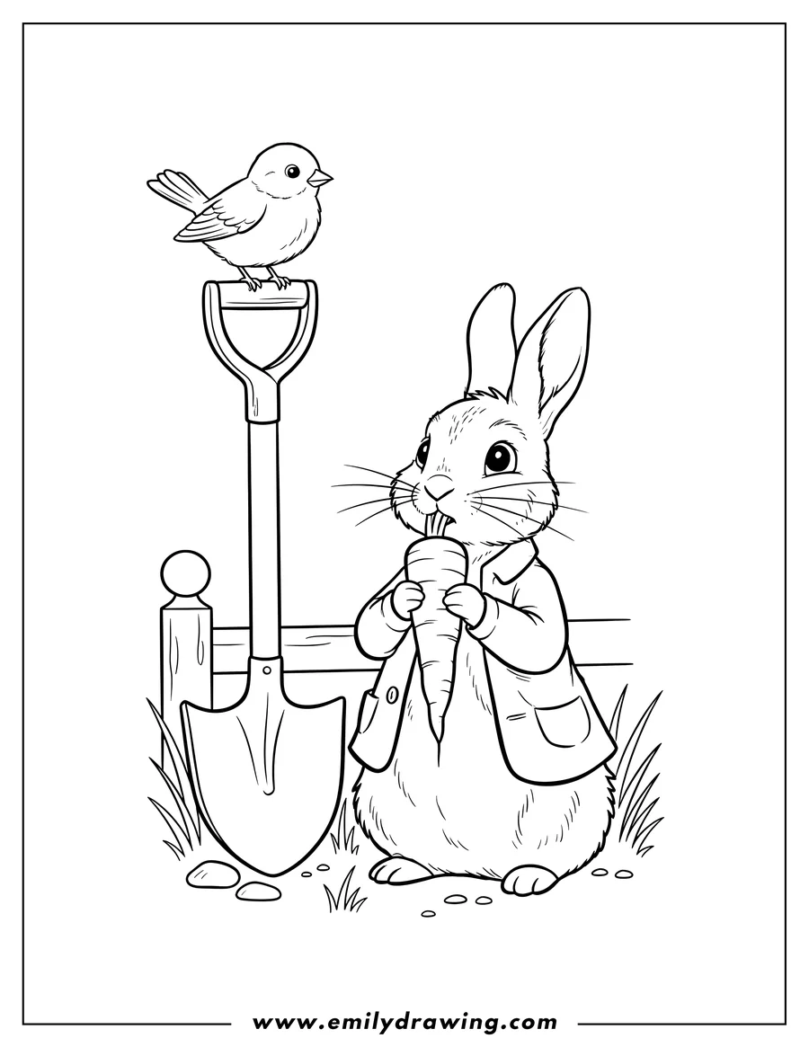 Vector style outline of peter Rabbit in a jacket nibbling a carrot and looking up at a bird perched on a shovel