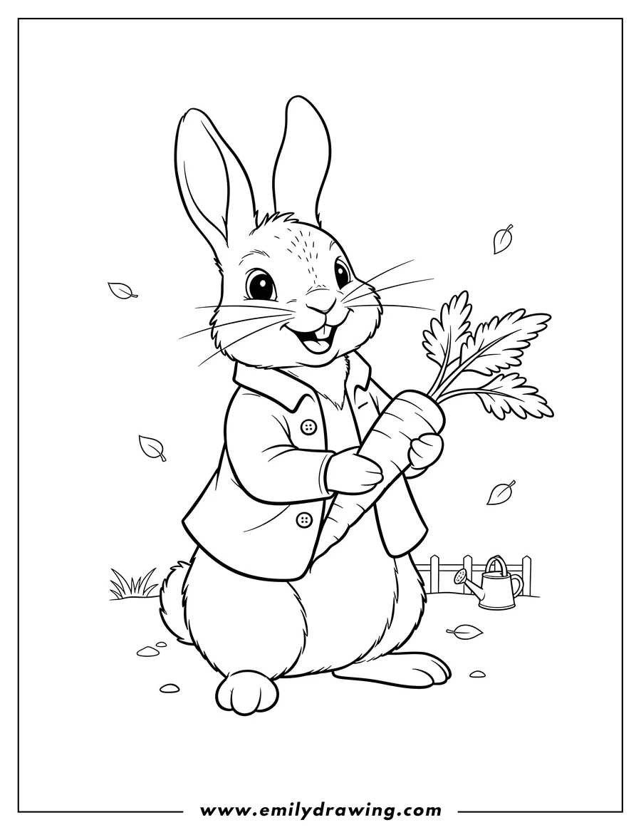 Linear illustration of petter Rabbit wearing a jacket, smiling, and holding a carrot with leaves
