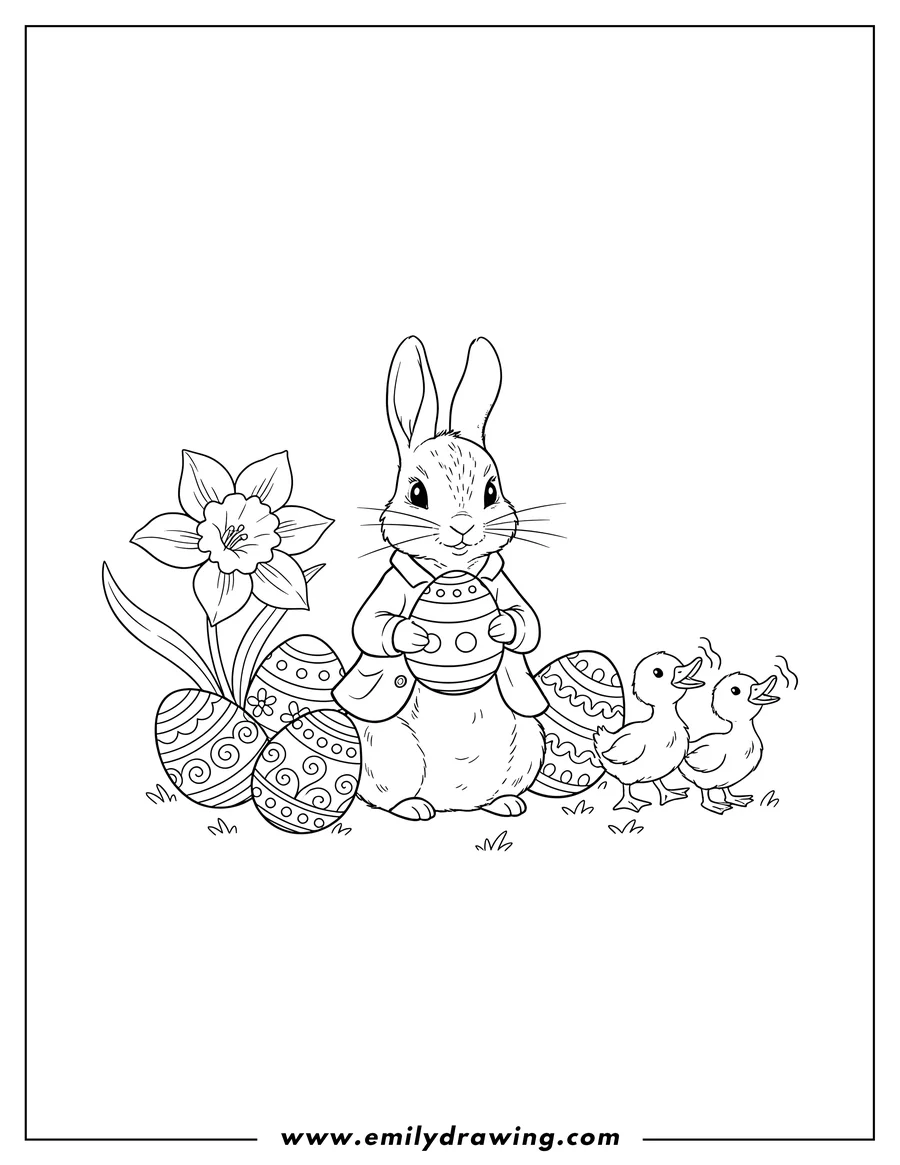 High quality printable peter Rabbit with patterned Easter eggs, a daffodil, and quacking ducklings for coloring