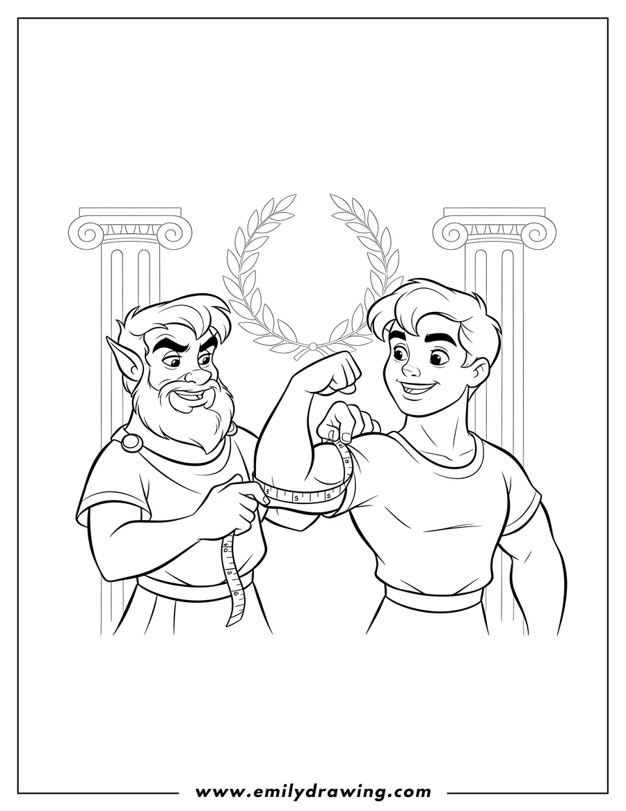Clean line drawing: phil measuring young Hercules' flexing biceps with a tape measure