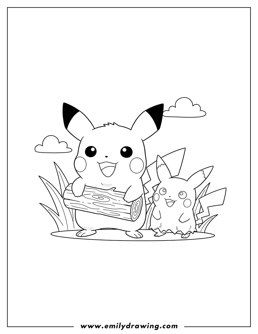 Outline drawing of pichu holding a log, standing next to Mimikyu