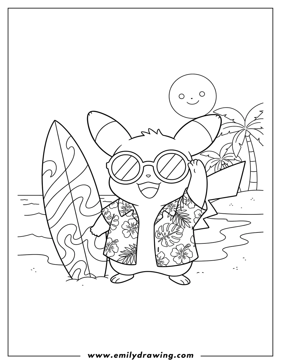 Doodle style coloring picture of pichu Sunglasses And Hawaiian Shirt At Beach, with a surfboard and one hand on its glasses