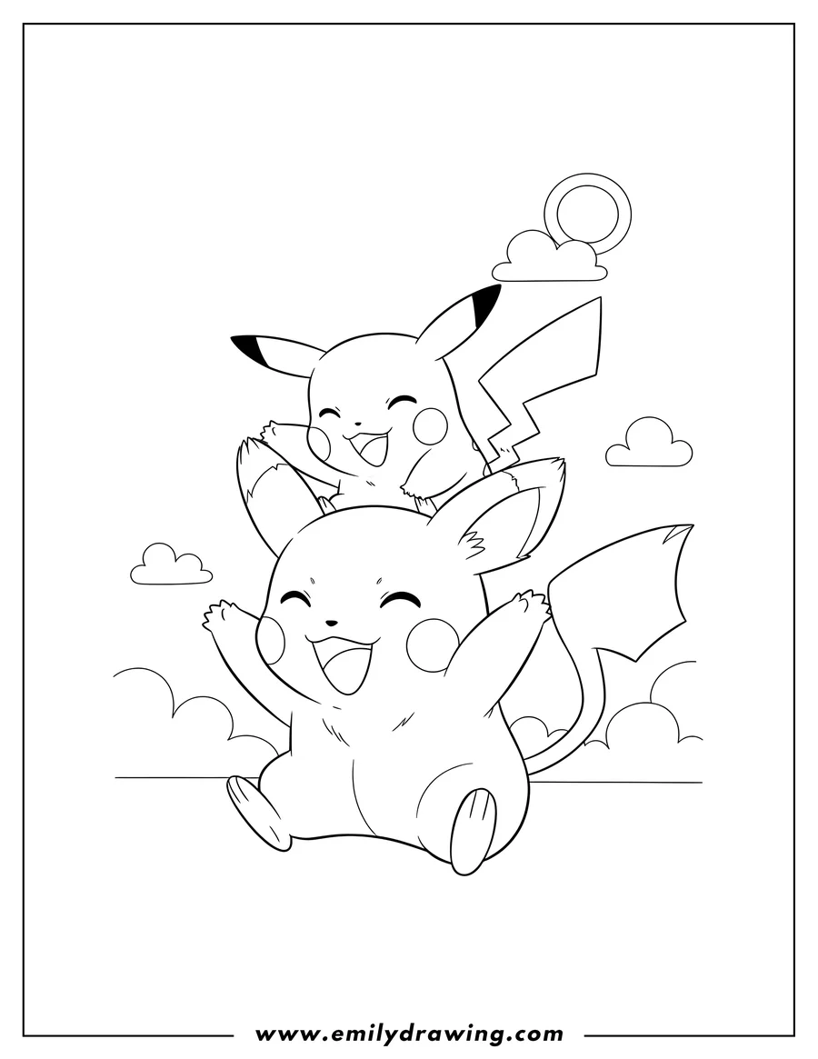 Simple sketch of pichu Pikachu And Raichu playfully stacked to color