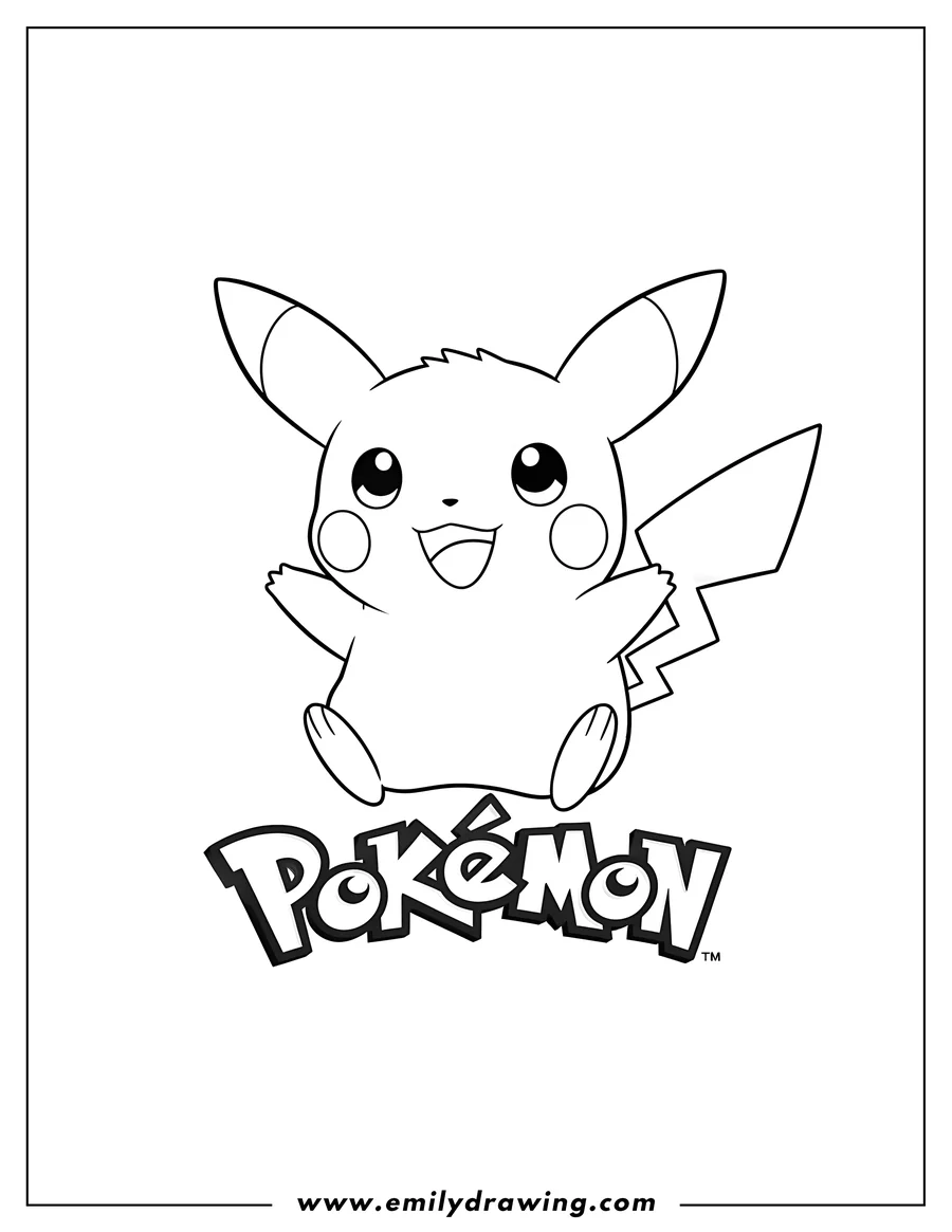 Coloring page of pichu sitting happily with large ears and the Pokémon logo