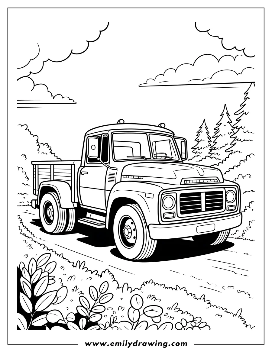Line art of a vintage style pickup truck driving on a dirt road, surrounded by bushes, trees, and clouds in the sky.