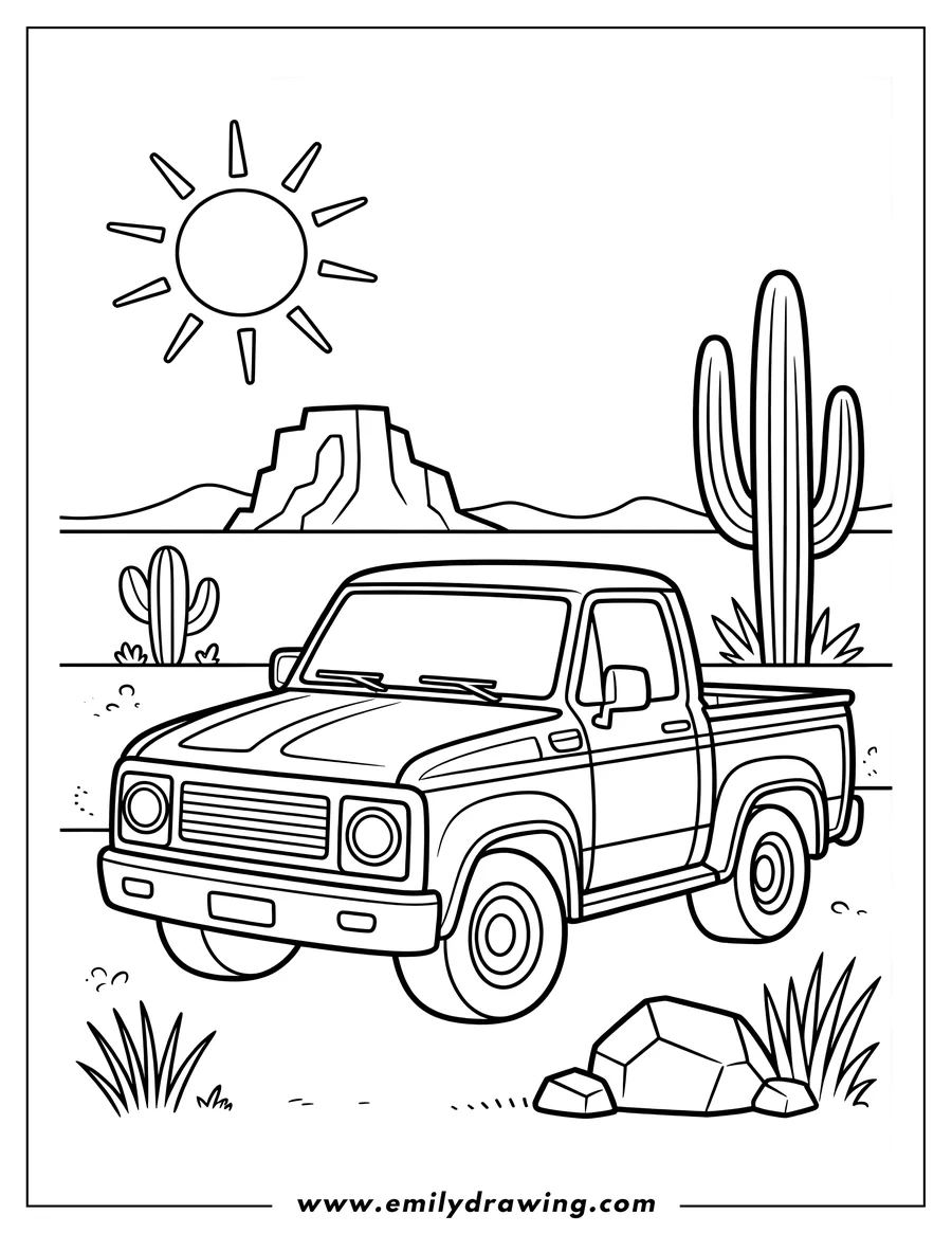 Line art of a pickup truck parked in a sunny desert landscape with cacti, mountains, and a sun in the sky
