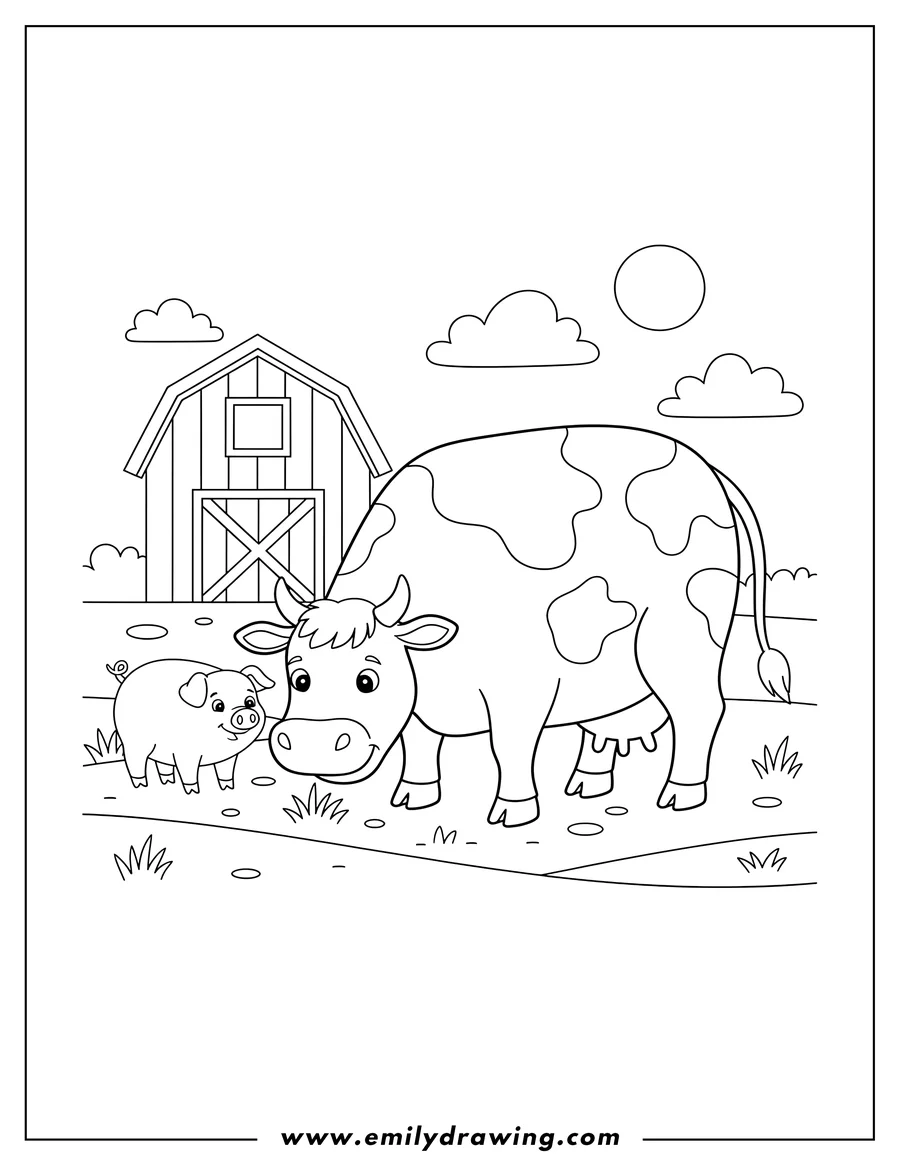 Outline of a smiling pig standing next to a large spotted cow in front of a barn.