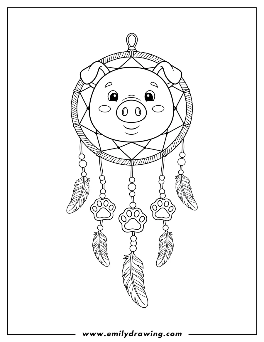 Outline of a cheerful pig face at the center of a dream catcher, with feathers and paw print charms hanging below.