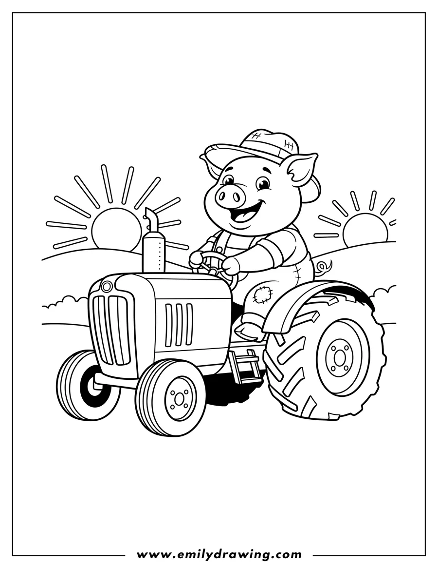 Line art of a cartoon pig wearing a hat and overalls, happily driving a tractor across a field with two suns rising or setting in the background.