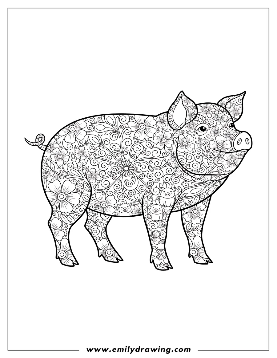 Line art of a pig filled with intricate floral patterns, swirls, and small hidden baby pigs within the design.
