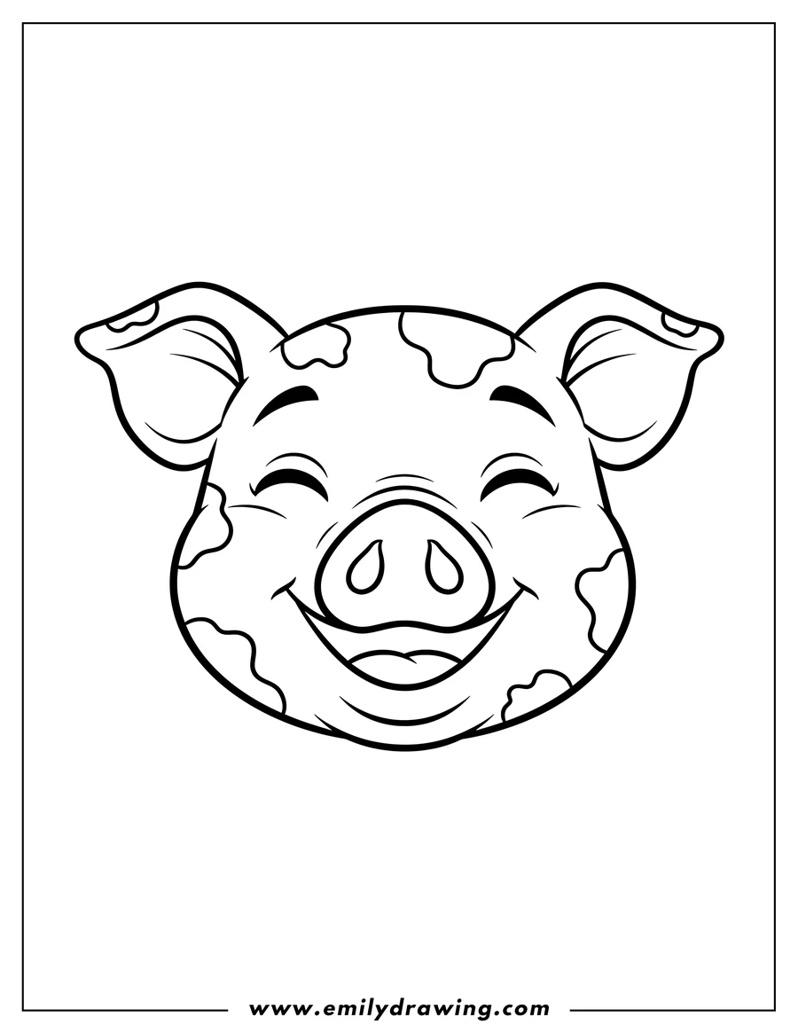 Outline of a smiling pig head with closed eyes and spots