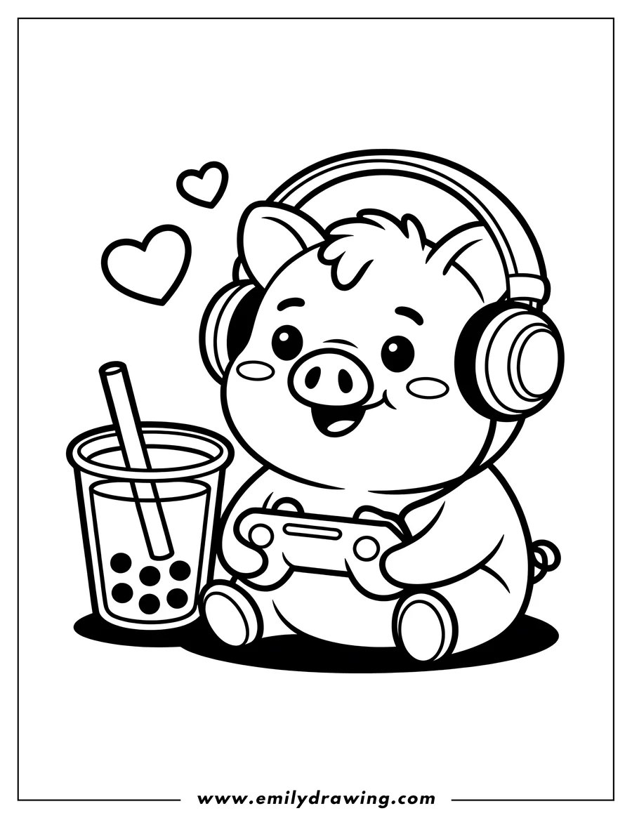 Line art of a cartoon pig wearing headphones, holding a game controller, with a cup of boba tea next to it and hearts floating nearby.