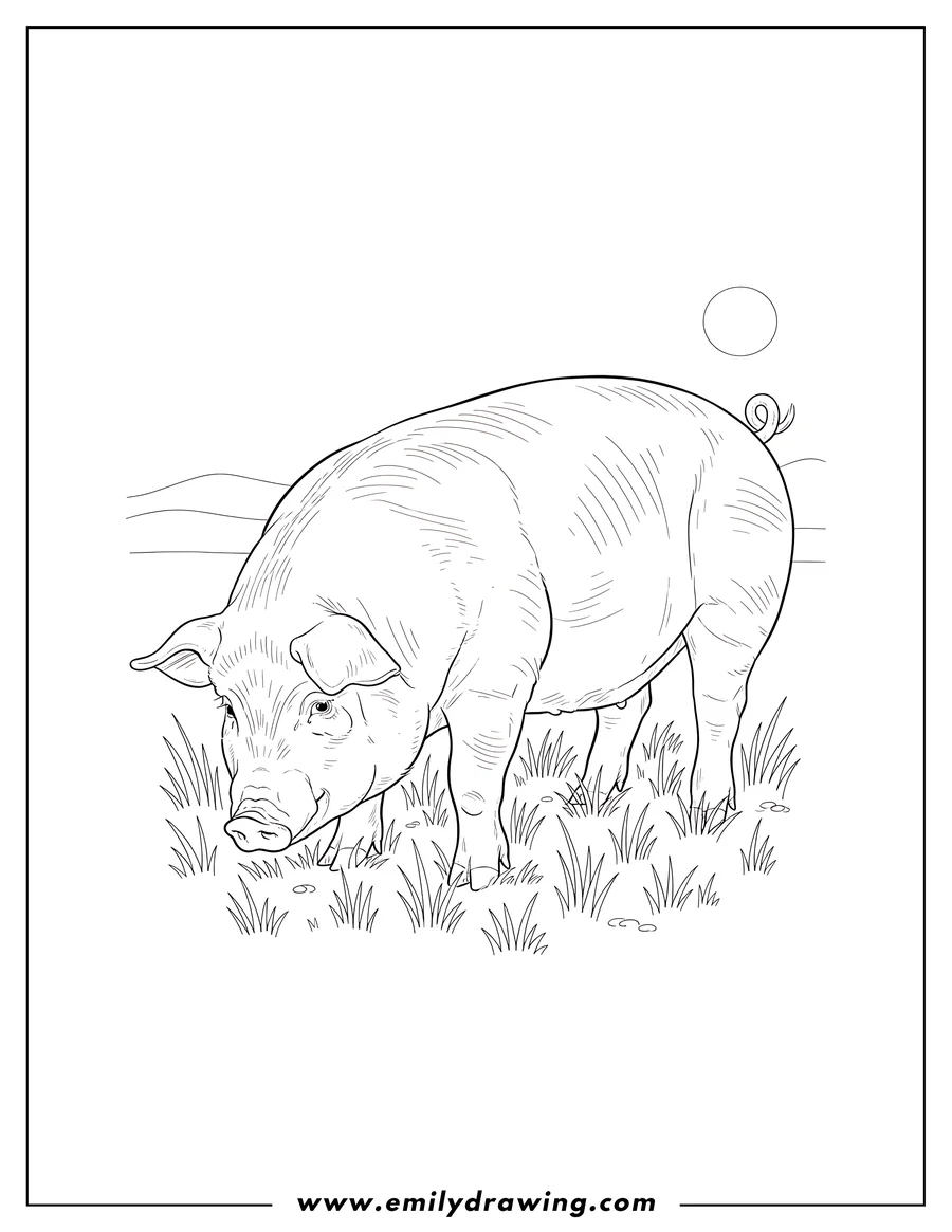 Line art of a large pig standing in tall grass, with its head down as if rooting or eating. A small sun or moon shape is visible in the sky.