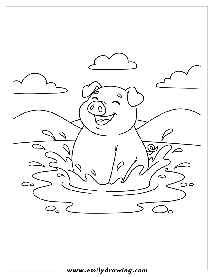 Outline of a happy pig with a wide smile, sitting in a mud puddle with water splashing around it. Hills and clouds are in the background.