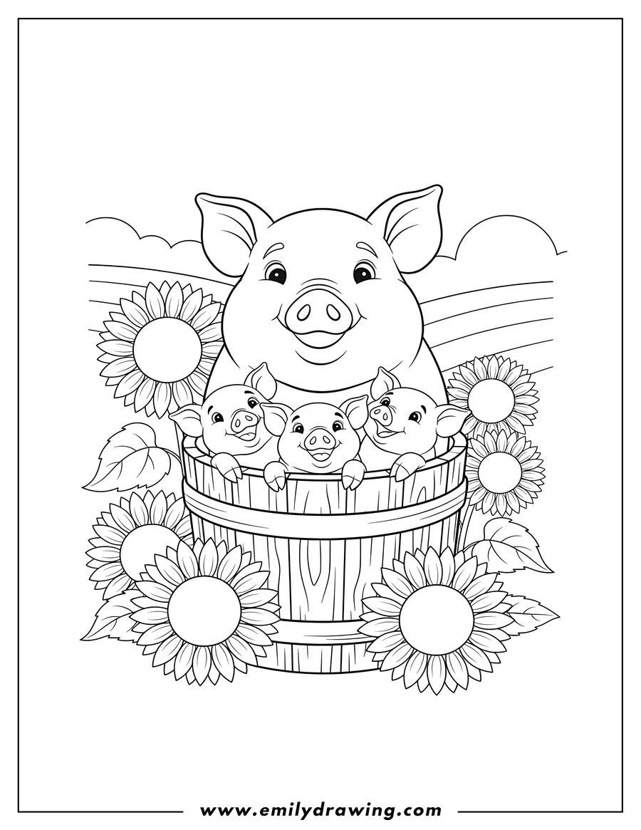Line art of a large pig with three small piglets peeking out of a wooden barrel, surrounded by many sunflowers in a field.