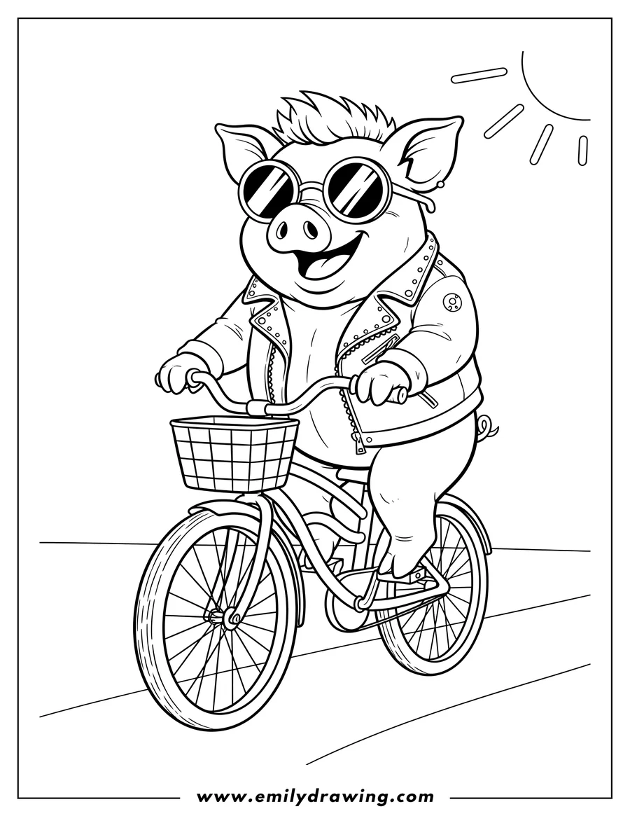 Line art of a pig wearing sunglasses and a studded jacket, happily riding a bicycle with a front basket under a shining sun.