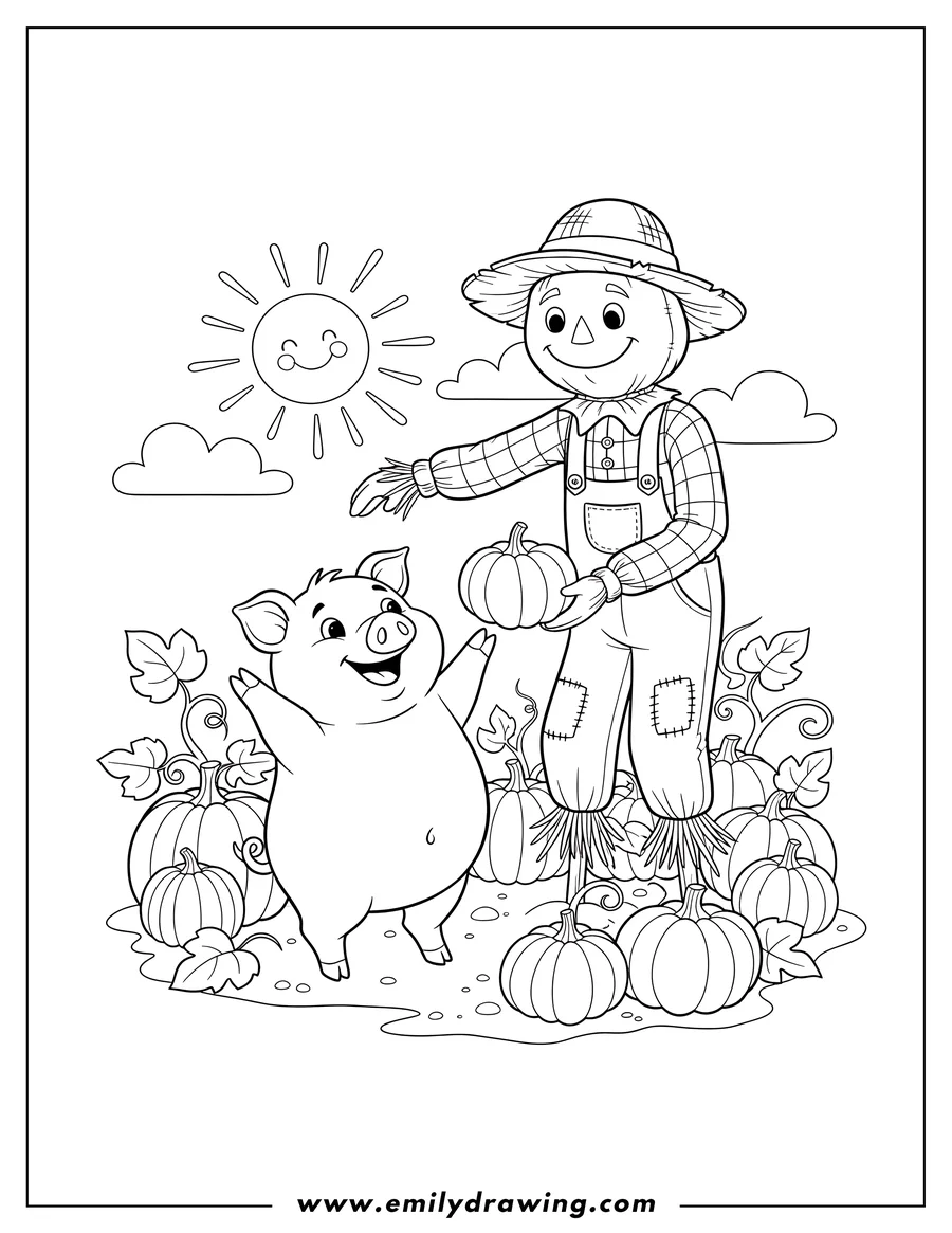 Line art of a cheerful pig standing next to a smiling scarecrow, surrounded by pumpkins and vines, with a smiling sun in the sky.