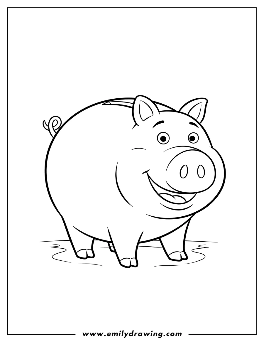 Line art of a friendly pig with a wide smile and big eyes, featuring a slot on its back like a piggy bank.