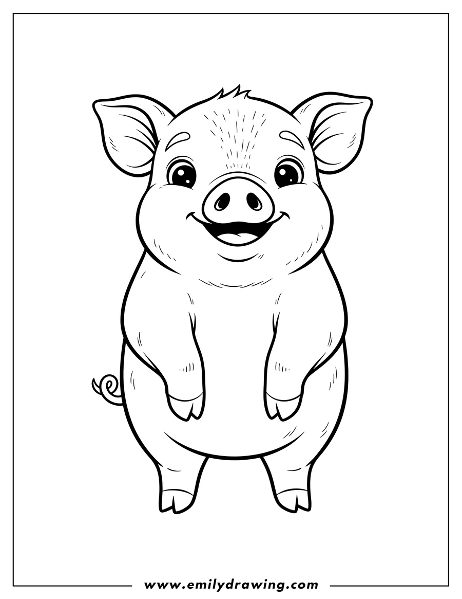 Line art of a happy pig standing upright with a wide smile and big eyes, showing its curly tail.