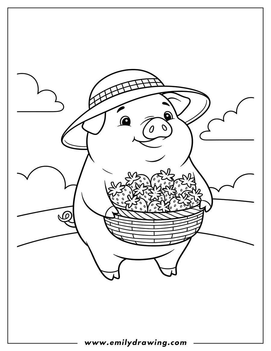 Outline of a smiling pig wearing a wide-brimmed hat, holding a woven basket overflowing with strawberries, with clouds and a hill in the background.