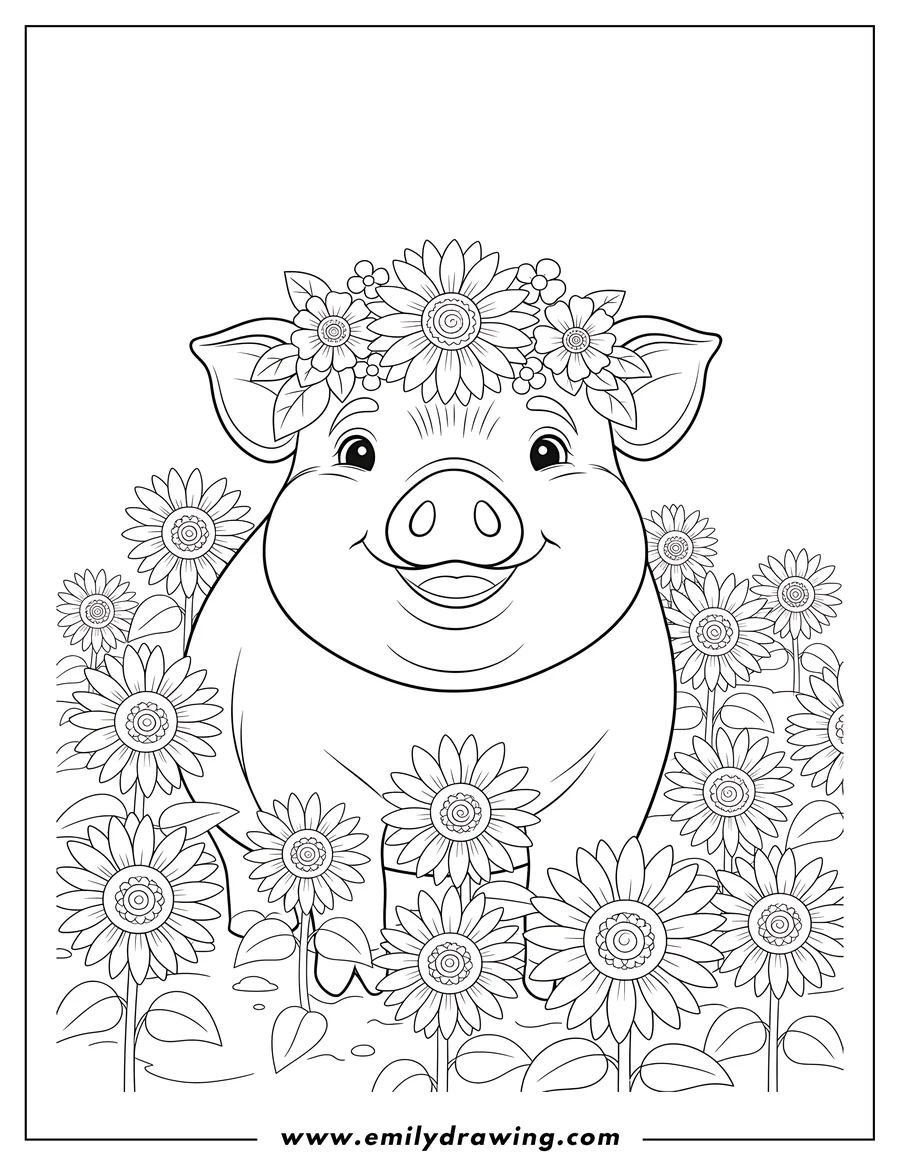 Line art of a happy pig wearing a crown of sunflowers, sitting in a field of sunflowers.
