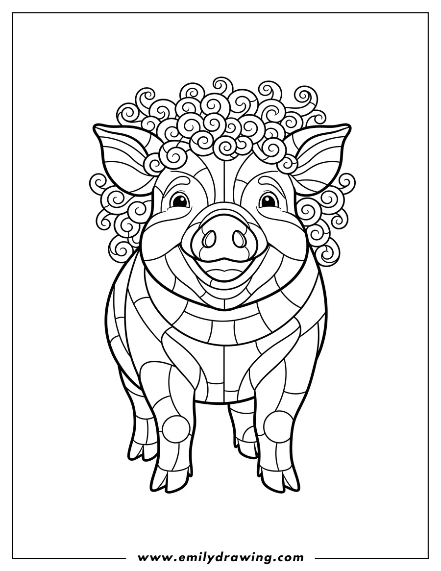 Line art of a cartoon pig with a curly, swirly mane of hair and body sections designed for mosaic-style coloring.