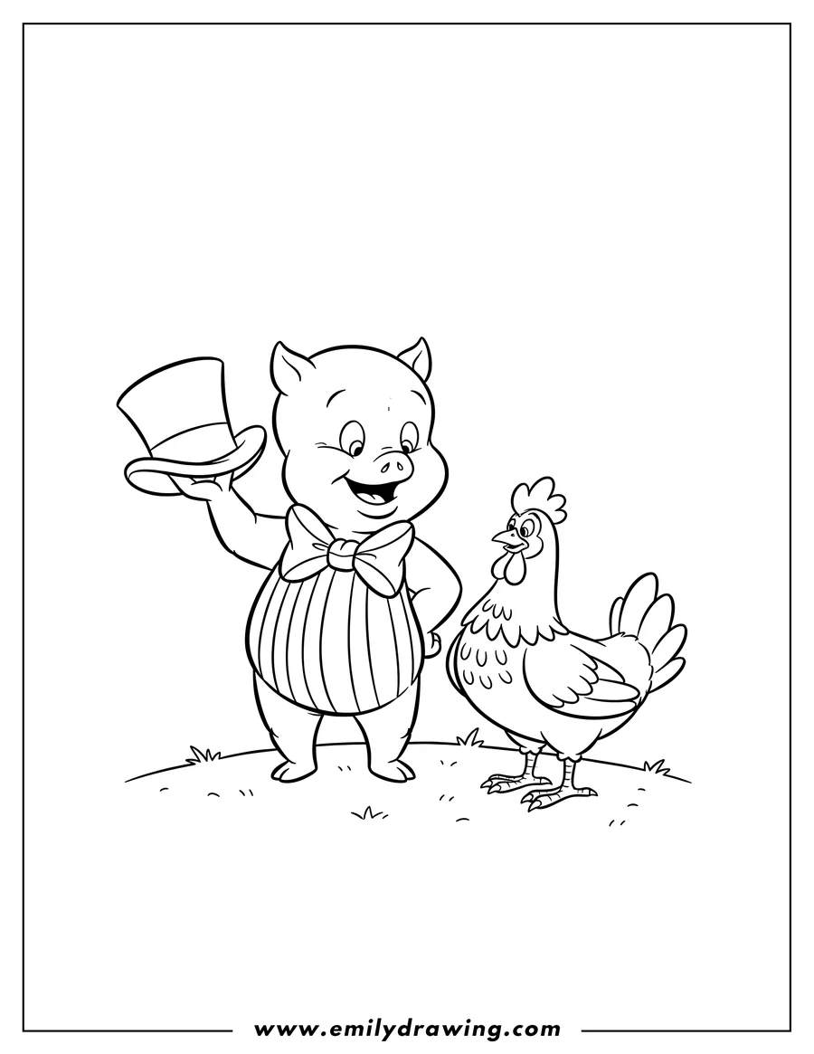 Outline of a cheerful pig wearing a bow tie and holding a top hat, standing next to a chicken on a grassy patch.