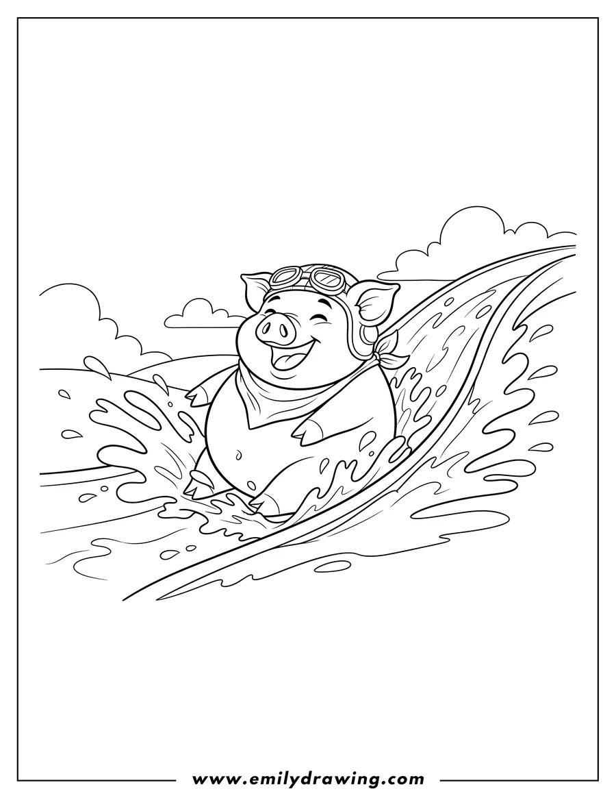 Line art of a cheerful pig with pilot goggles and hat, happily sliding down a water slide with big splashes.
