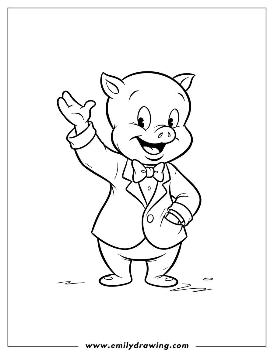 Outline of a cartoon pig wearing a jacket and bow tie, with one hand raised in a wave and the other in his pocket, smiling broadly.